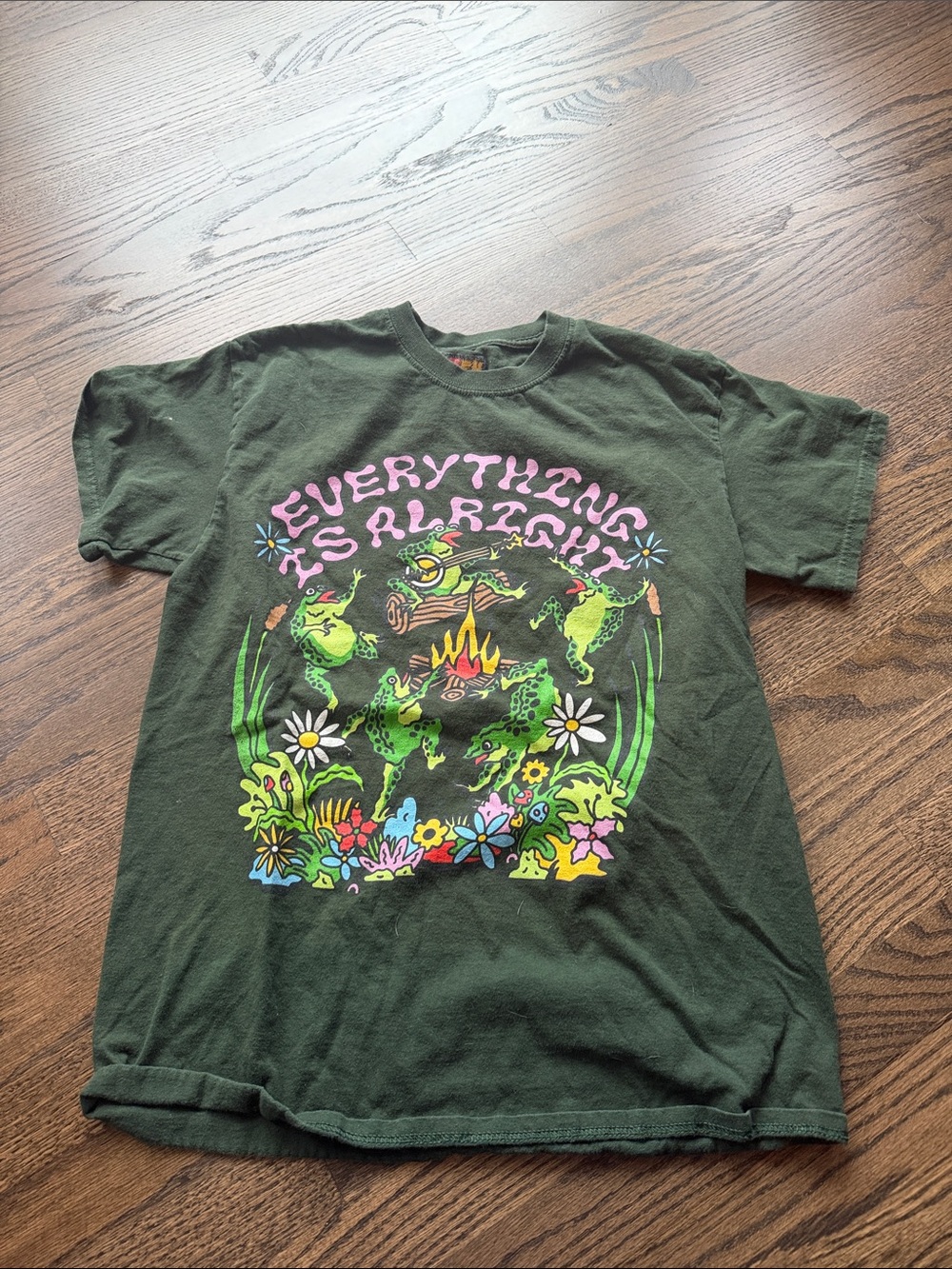 Dark Green Reptile Graphic Tee with Pink Lettering